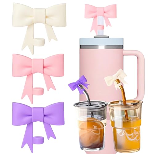 Strohhalm-Abdeckung mit Niedlicher Schleife – 3 Stück Staubdichte Silikon-Abdeckung, Passend für 30-40 Unzen Flaschen, Wiederverwendbar für Trinkhalme von MLZTINGR