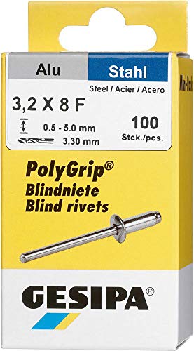 GESIPA Blindniete PolyGrip 100 Stück (Alu/Stahl 3,2x8, Nietschaft-ø 3,2 mm, Scherkraft 720 N, Zugkraft 1050 N, Flachrundkopf) 1433846 von Gesipa