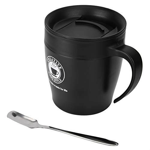 MMABEUTF Edelstahl isolierter Kaffeetasse Wasserbecher mit Löffel Deckel Büro Reise weiß schwarzes goldenes Roségold Silber 330 ml 10 * 7,5 cm tragbar (Schwarz) von MMABEUTF