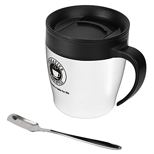 MMABEUTF Edelstahl isolierter Kaffeetasse Wasserbecher mit Löffel Deckel Büro Reise weiß schwarzes goldenes Roségold Silber 330 ml 10 * 7,5 cm tragbar (Weiß) von MMABEUTF
