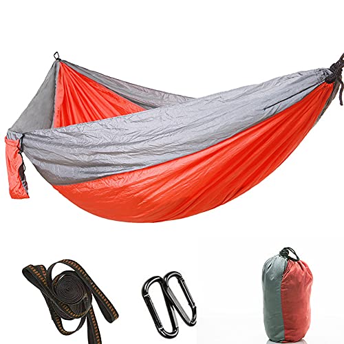 Tragbare Camping Reise Nylon Hängematte mit Baum Gurt 300kg Kapazität Hellblau Dunkelblau Grau Orange Grün für Outdoor Camping (Grauer Baum mit orange rot) von MMABEUTF