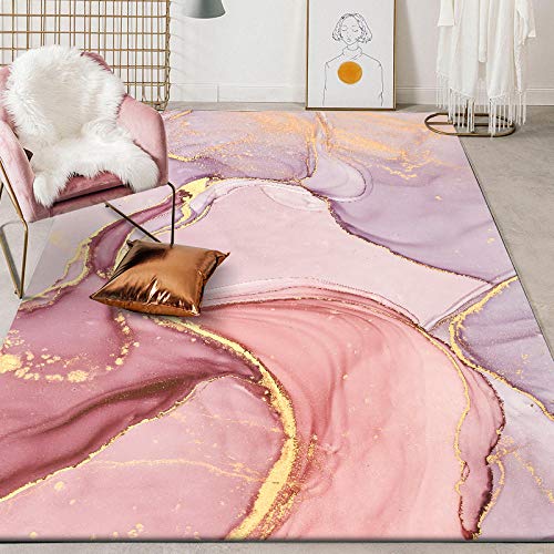 MMDSNX Teppich Kurzflor Designer Teppich Mit Rosa goldenes lila verträumtes abstraktes Aquarell Kurzflor, Borte, WeichMaschinenwaschbar—140 x 200 von MMDSNX