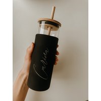 Trinkglas | Personalisiert Silikonhülle Bambusdeckel Trinkhalm Nachhaltig Trinkflasche 450Ml Getränke Beschriftet von MMIGravur