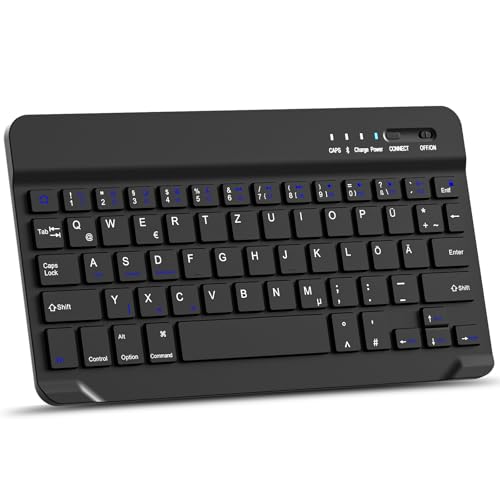 MMK Bluetooth-Tastatur, Deutsches QWERTZ-Layout, Leise Tasten, Mini Wireless Keyboard für iPad 10. Generation/iPad Pro/Air/Mini/10.2"/9.7", iPhone, Android, Windows (Schwarz) von MMK