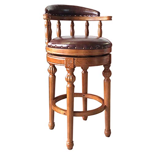 Retro Amerikanischen Dreh Barhocker Massivholz Rückenlehne Barstuhl Europäischen Stil Hohe Fußstütze Aus Echtem Leder Zu Hause Gepolstert (Braun) von SGABELLI DA BAR
