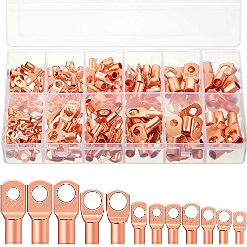 MMOBIEL 170 Stück Umfassendes Sortiment aus Kupferbatterie-Kabelenden, Schwerlast-Kabelschuhe AWG4, AWG6, AWG8, AWG10, AWG12 Bolzenloch-Anschlussstecker-Set aus Kupfer, Ringbatterien SC Terminals von MMOBIEL