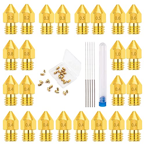 MMOBIEL 24 Stück 0.2/0.3/0.4/0.5/0.6/0.8/1.0mm Messing MK8 3D Drucker Düsen Nozzle Extruder kompatibel mit Creality Ender 3 Series, Ender 5 Series, CR-10/10S, Makerbot inkl. 3 Reinigungsnadeln von MMOBIEL