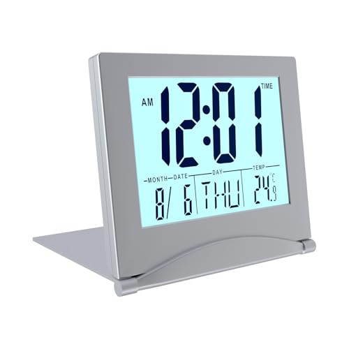 MMOBIEL Digitaluhr LCD-Reisewecker Klappbar mit Hintergrundbeleuchtung – Digitale Uhr mit Tages-, Datums- und Temperaturanzeige - Digitaler Wecker für den Tisch – Tisch Uhr Batteriebetrieben - Grau von MMOBIEL