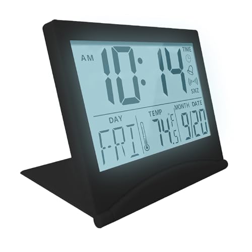MMOBIEL Digitaluhr LCD-Reisewecker Klappbar mit Hintergrundbeleuchtung - Digitaluhr mit Tages-, Datums- und Temperaturanzeige - Digitaler Wecker für den Tisch - Tischuhr Batteriebetrieben - Schwarz von MMOBIEL