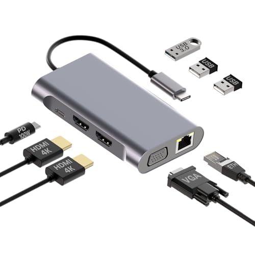 MMOBIEL USB-C zu Dual HDMI Hub - 8-in-1 USB-Hub & 100W PD Adapter - Docking Station zu USB 3.0, 2x USB 2.0, 2x HDMI, VGA, PD und ETH - Triple Display für Laptops, Tablets, Smartphones etc. - Aluminium von MMOBIEL