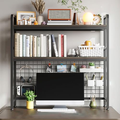 Schreibtisch Regalaufsatz Schwarz 2-stöckiges Computertisch-Bücherregal aus Metall und Holz, Desk Shelf Organizer, Offenes Aufbewahrungsregal (Color : Black+Black Walnut, Size : 95 * 20 * 98cm) von MMOU