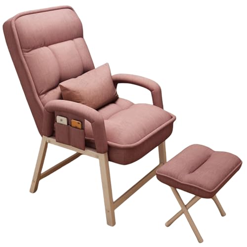Sessel Wohnzimmer Relax Modern mit Hocker Loungesessel Fernsehsessel mit Lendenkissen mit Seitlichen Ablagetaschen Ohrensessel Lesesessel für Schlafzimmer Wohnzimmer (Color : Pink, Size : Chair+stoo von MMOU