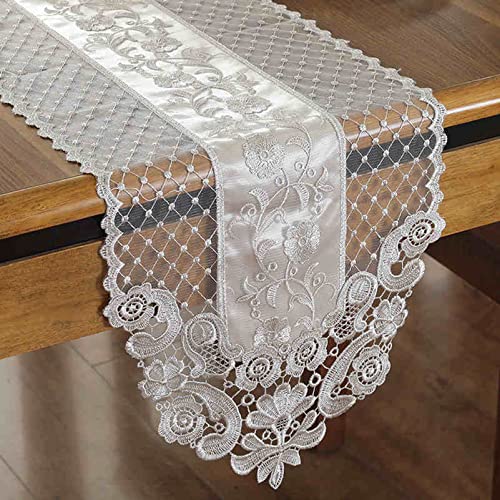 MMQGQ store Tischläufer Französisch Romantischer Spitze Tischläufer, Hellgrau Gestickter Esstisch Staubdichter Tischmatte Für Herbst Weihnachtsviertel Prinzessinzimmer(Size:30×120cm) von MMQGQ store