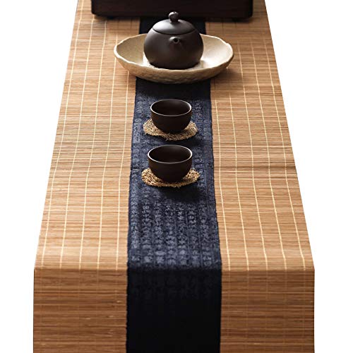 MMQGQ Bambus Tischläufer Mit Dunkelblauem Baumwolltuch Dekor, Japanische Stil rutschfeste Tischsets Für Teehouse Hotel Esstisch, Wischen Sie Sauber(Size:30×150cm) von MMQGQ