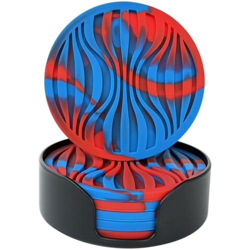Silikon Untersetzer 6er Set - Dickes Design (0,5cm) Rund, Hitzebeständig für Topf, Getränke, Kaffee, Bier - Rutschfeste Bar Matte Mit Mustern (Blau+Rot) von MMSGA
