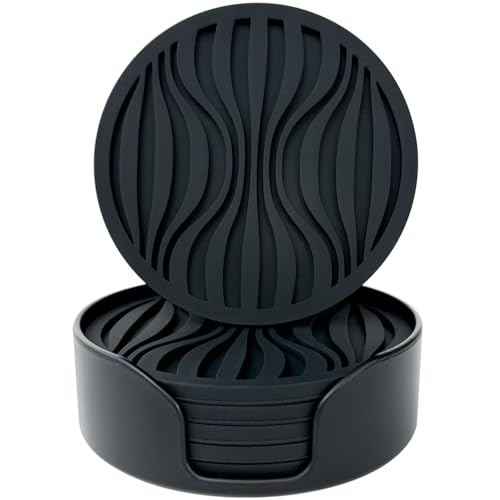 Silikon Untersetzer 6er Set，Dickes Design(0.5cm) Runde Untersetzer Topf,Topfuntersetzer Hitzebeständig,Getränke Untersetzer, Kaffee Pads Bier Bar Matte,mit Mustern rutschfest (Schwarz) von MMSGA