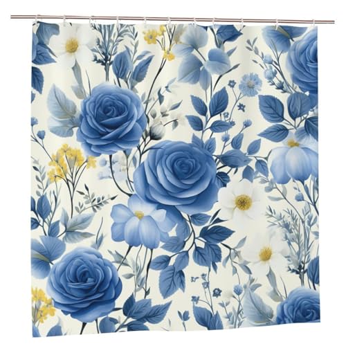 MMSJSBVY Blaue Blumen Blumenmuster Rosen Duschvorhang 183.9 cm x 183.9 cm - Schimmelresistenter und wasserdichter Duschvorhang Sichtschutz Dekovorhang für Badewannen und Duschabtrennungen von MMSJSBVY