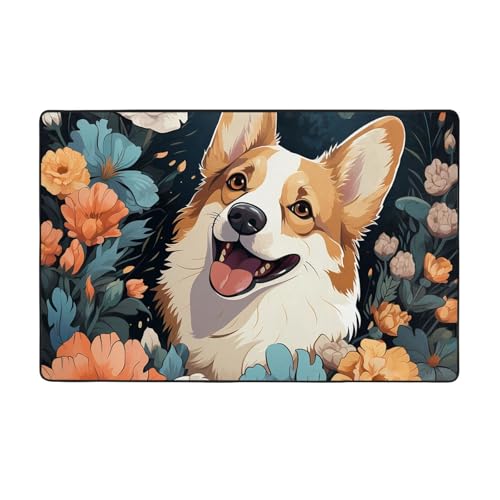 MMSJSBVY Corgi Muster Flanell Bodenmatte 152,4 x 99,1 cm – weicher, rutschfester, saugfähiger Memory-Schaum-Teppich, geeignet für Wohnzimmer/Schlafzimmer/Büros, waschbare Bodenmatte von MMSJSBVY