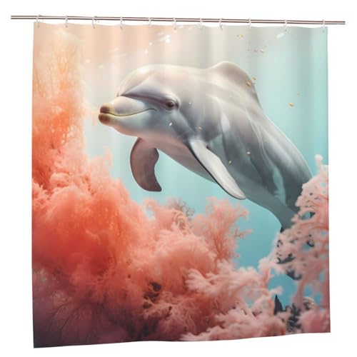 MMSJSBVY Delphin On Coral Duschvorhang 183.9 cm x 183.9 cm - Schimmelresistenter und wasserdichter Duschvorhang, Sichtschutz Dekorativer Vorhang für Badewannen und Duschabtrennungen von MMSJSBVY