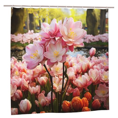MMSJSBVY Duschvorhang Kirschblüten und Tulpen 183 x 183 cm - Schimmelresistenter und wasserdichter Duschvorhang Sichtschutz Dekovorhang für Badewannen und Duschabtrennungen von MMSJSBVY