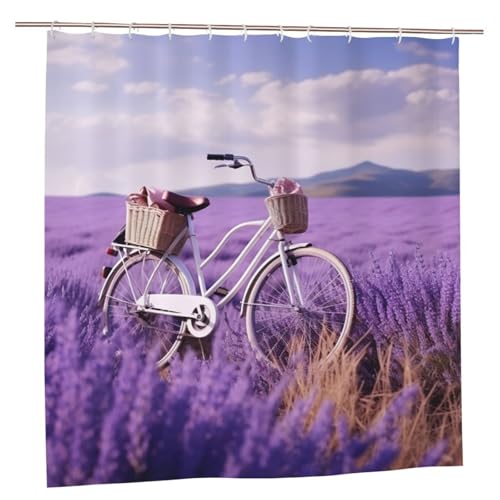 MMSJSBVY Lavender Field Bike Duschvorhang 183.9 cm x 183.9 cm - Schimmelresistenter und wasserdichter Duschvorhang Sichtschutz Dekovorhang für Badewannen und Duschabtrennungen von MMSJSBVY