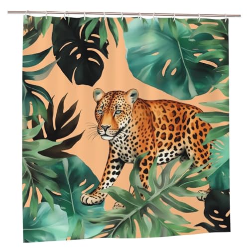 MMSJSBVY Leopard und Palmblätter Muster Duschvorhang 183x183.9 cm - Schimmelresistenter und wasserdichter Duschvorhang Sichtschutz Dekorativer Vorhang für Badewannen und Duschabtrennungen von MMSJSBVY