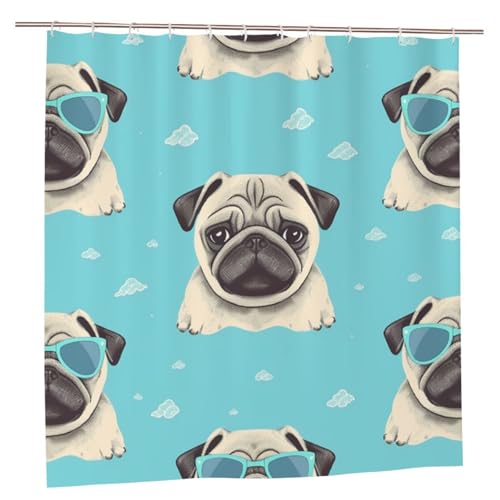MMSJSBVY Niedlicher Mops Hund Duschvorhang 183.9 cm x 183.9 cm - Schimmelresistenter und wasserdichter Duschvorhang Sichtschutz dekorativer Vorhang für Badewannen und Duschabtrennungen von MMSJSBVY