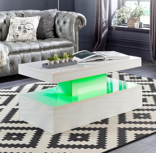 MMT Furniture Designs Ltd Weißer Couchtisch mit LED-Lichtern für modernes Wohnzimmer, Design mit zwei Regalen, 100 x 50 x 39 cm, batteriebetrieben von MMT Furniture Designs Ltd