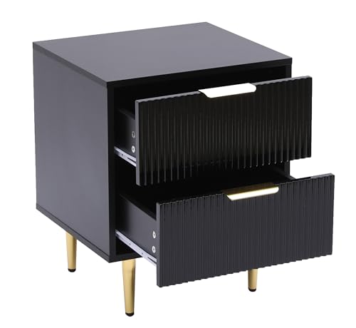 MMT Nachttisch mit geriffelter gerippter Schublade, 2 Schubladen, Schlafzimmerschrank, goldfarbene Beine, 42 cm breite Kommode, formelle Nachttische, Nachttisch (schwarz) von MMT Furniture Designs Ltd
