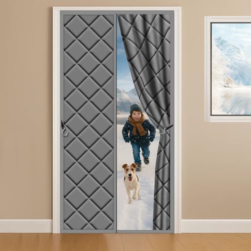 Magnet Wärmeschutzvorhang für Türen 60x185cm Winddichter Schalldämmender Türvorhang,Stoff mit Polyester & BaumwolleKälte fernhalten und Energie sparen Für Balkontür, Terrassentür Grau von MMTCHK