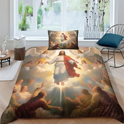 Jesus Für Kinder Mädchen Jungen Bettbezug Set Bettwäschegarnitur 3D Gedruckter Art Gott Und Kissenbezüge Bettwäsche Weich Microfaser Reissverschluss 3 Teilig Single（135x200cm） von MMUNNA