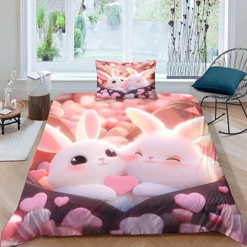 MMUNNA Cartoon-Tiere 3 Teilig Bettwäsche-Set,3D Drucken Hase Bettwäsche Set Mit Kissenbezug Und Bettbezüge, Bettwäsche, Zipper Öffnen Und Schließen for Children Boys Girls Single（135x200cm） von MMUNNA