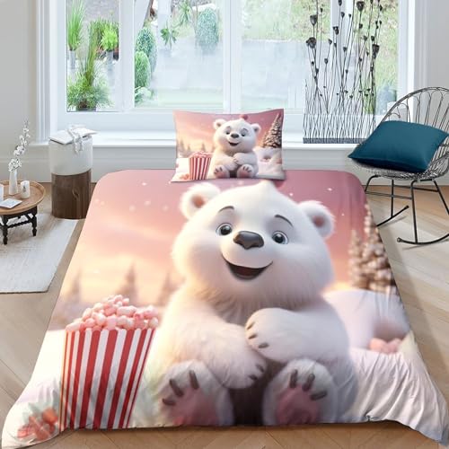 MMUNNA Cartoon-Tiere 3D Gedruckter Eisbär Bettbezug Set Bettwäschegarnitur Für Kinder Mädchen Jungen Reissverschluss Und Kissenbezüge Weich Microfaser Bettwäsche 3 Teilig Single（135x200cm） von MMUNNA