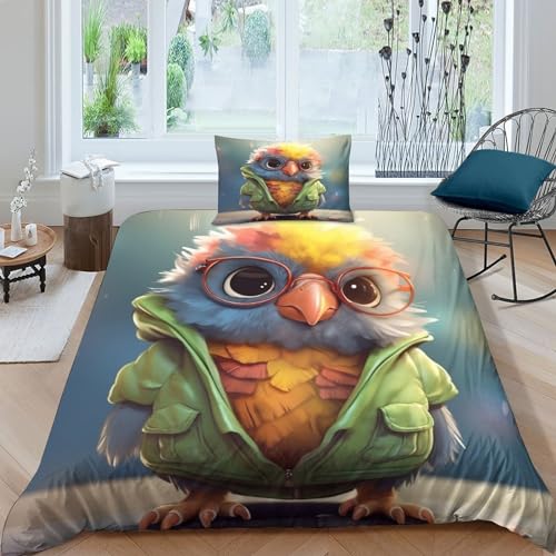 MMUNNA Cooler Vogel 3D Gedruckter Autotoon-Tiere Für Kinder Mädchen Jungen Bettbezug Set Bettwäschegarnitur Reissverschluss Und Kissenbezüge Weich Microfaser Bettwäsche 3 Teilig Single（135x200cm） von MMUNNA