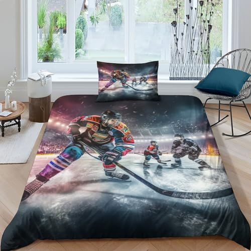 MMUNNA Eishockey Bettwäschegarnitur 3D Gedruckter Sport Bettbezug Set Mädchen Junge Kinder Bettwäsche Weich Microfaser Reissverschluss Und Kissenbezüge 3 Teilig Single（135x200cm） von MMUNNA