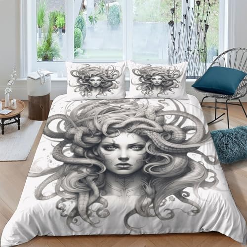 Medusa 3D Gedruckter Dunkles Idol Bettbezug Set Bettwäschegarnitur Mädchen Junge Kinder Bettwäsche Und Kissenbezüge Reissverschluss Weich Microfaser 3 Teilig Double（200x200cm） von MMUNNA