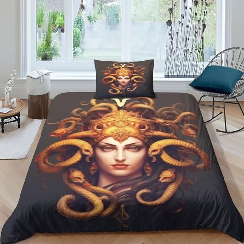 Medusa Für Kinder Mädchen Jungen Bettbezug Set Bettwäschegarnitur 3D Gedruckter Dunkles Idol Und Kissenbezüge Bettwäsche Weich Microfaser Reissverschluss 3 Teilig Single（135x200cm） von MMUNNA