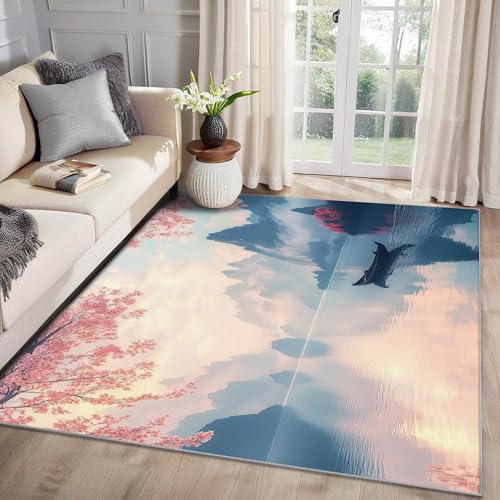 MMYAOKEN Berge Teppich Wohnzimmer 50x80 Japanische Asiatische Landschaft Deko, Kleiner Teppich Kurzflor, Weich rutschfest Waschbare Teppiche, Fußmatte Bettvorleger Schlafzimmer Kinderzimmer von MMYAOKEN