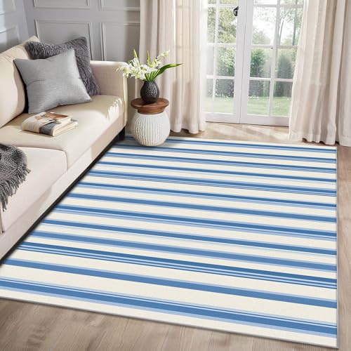 MMYAOKEN Blau Weiß Gestreift Teppich Wohnzimmer 50x80 Nautische Streifen Modern Deko, Kleiner Teppich Kurzflor, Weich rutschfest Waschbare Teppiche, Fußmatte Bettvorleger Schlafzimmer Kinderzimmer von MMYAOKEN
