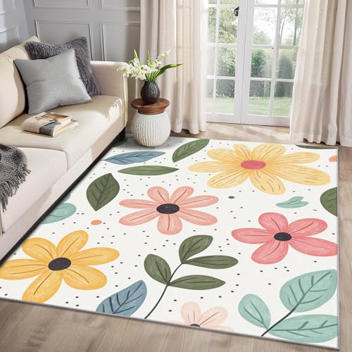 MMYAOKEN Blumen Teppich Wohnzimmer 240x340 Mädchen Cartoon Gänseblümchen Deko, Großer Teppich Kurzflor, Weich rutschfest Waschbare Teppiche, Bettvorleger Schlafzimmer Kinderzimmer von MMYAOKEN