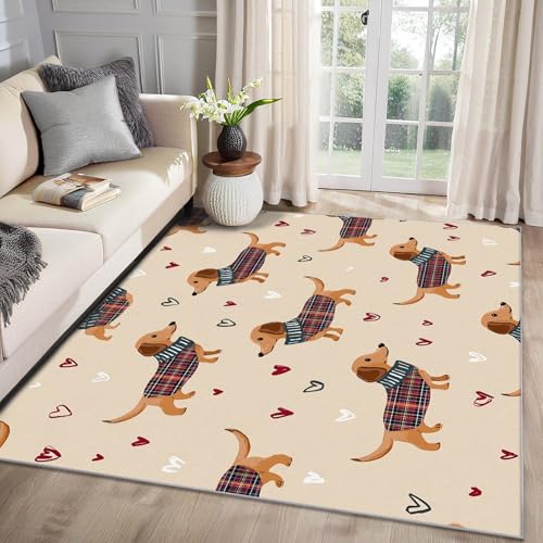 MMYAOKEN Dackel Teppich Wohnzimmer 240x340 Kinder Cartoon Hund Deko, Großer Teppich Kurzflor, Weich rutschfest Waschbare Teppiche, Bettvorleger Schlafzimmer Kinderzimmer von MMYAOKEN