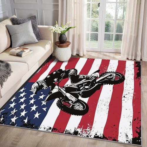 MMYAOKEN Dirt Bike Teppich Wohnzimmer 100x200 Motocross Amerikanische Flagge Deko, Teppich Kurzflor, Weich rutschfest Waschbare Teppiche, Bettvorleger Schlafzimmer Kinderzimmer von MMYAOKEN