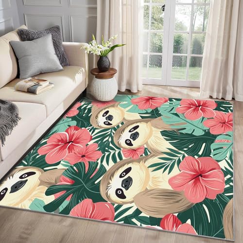 MMYAOKEN Faultier Teppich Wohnzimmer 100x200 Tropisch Blumen Blätter Deko, Teppich Kurzflor, Weich rutschfest Waschbare Teppiche, Bettvorleger Schlafzimmer Kinderzimmer von MMYAOKEN