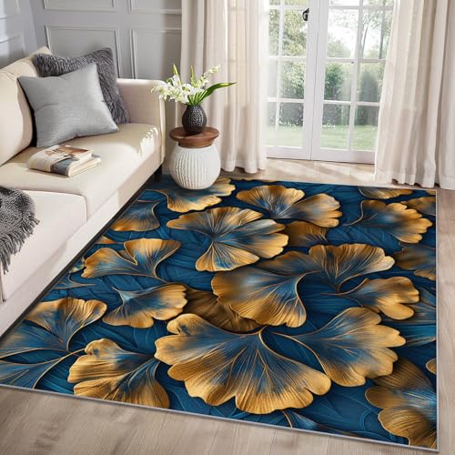 MMYAOKEN Ginkgo Biloba Teppich Wohnzimmer 80x150 Ginkgo Blau Gold Blätter Deko, Teppich Kurzflor, Weich rutschfest Waschbare Teppiche, Fußmatte Bettvorleger Schlafzimmer Kinderzimmer von MMYAOKEN