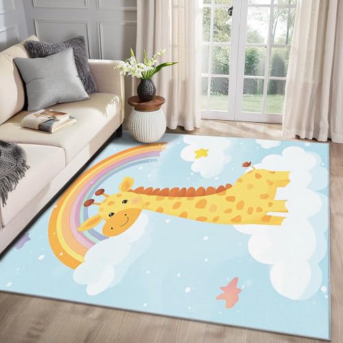 MMYAOKEN Giraffe Kinder Teppich Wohnzimmer 60x90 Cartoon Tiere Regenbogen Deko, Kleiner Teppich Kurzflor, Weich rutschfest Waschbare Teppiche, Fußmatte Bettvorleger Schlafzimmer Kinderzimmer von MMYAOKEN