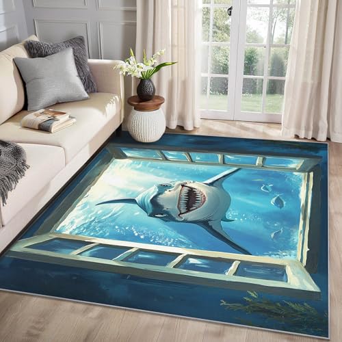 MMYAOKEN Hai Teppich Wohnzimmer 240x340 Kinder Meerestiere Unterwasser Deko, Großer Teppich Kurzflor, Weich rutschfest Waschbare Teppiche, Bettvorleger Schlafzimmer Kinderzimmer von MMYAOKEN