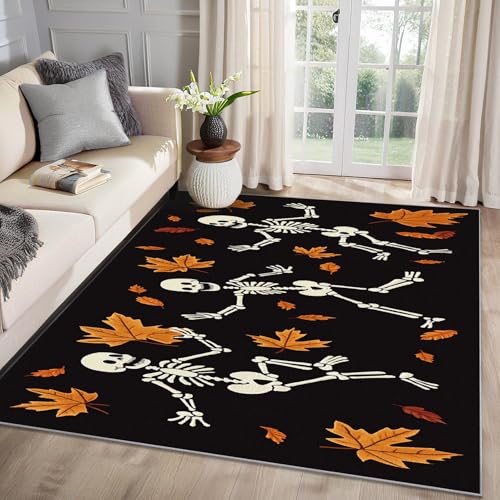 MMYAOKEN Halloween Skelett Teppich Wohnzimmer 100x200 Herbst Ahornblatt Deko, Teppich Kurzflor, Weich rutschfest Waschbare Teppiche, Bettvorleger Schlafzimmer Kinderzimmer von MMYAOKEN