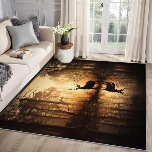 MMYAOKEN Hirsch Teppich Wohnzimmer 50x80 Waldtiere Jagd Deko, Kleiner Teppich Kurzflor, Weich rutschfest Waschbare Teppiche, Fußmatte Bettvorleger Schlafzimmer Kinderzimmer von MMYAOKEN