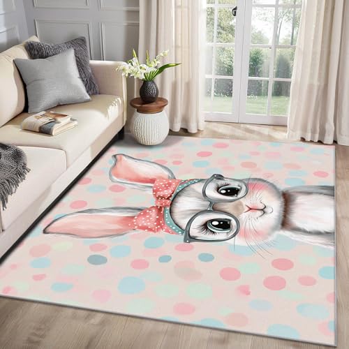 MMYAOKEN Kaninchen Teppich Wohnzimmer 60x90 Mädchen Süße Hasenmotiv Deko, Kleiner Teppich Kurzflor, Weich rutschfest Waschbare Teppiche, Fußmatte Bettvorleger Schlafzimmer von MMYAOKEN