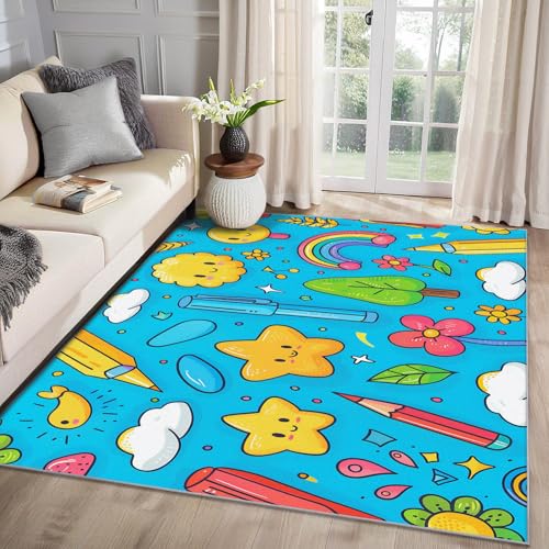MMYAOKEN Kinder Teppich Wohnzimmer 40x60 Cartoon Regenbogen Stern Deko, Kleiner Teppich Kurzflor, Weich rutschfest Waschbare Teppiche, Fußmatte Bettvorleger Schlafzimmer von MMYAOKEN